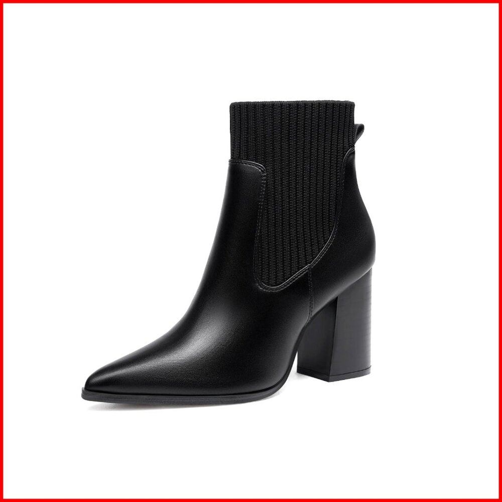Pointed Toe Ankle Boots Chunky Heel Knit Chelsea Winter Booties